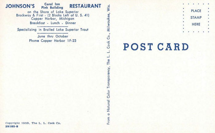 Johnsons Coral Inn Restaurant - Vintage Postcard